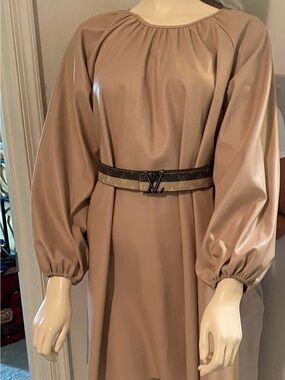 ASOS Taupe Long-Sleeve Faux Leather Gathered-Neck Shift Dress
